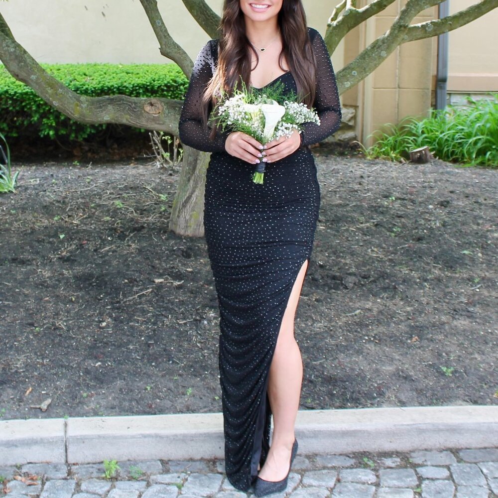 Windsor Black Rhinestone Mesh Gown | Long Sleeve | Side Slit | Size S